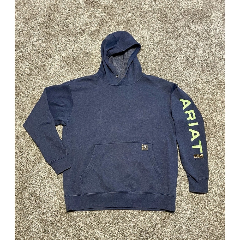 Ariat Rebar Graphic Hoodie Mens Large Navy Pullover Hooded‎ Sweatshirt Workwear